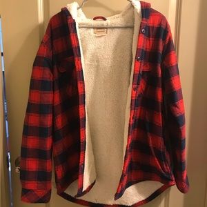 Warm and cozy red and blue flannel with faux fur